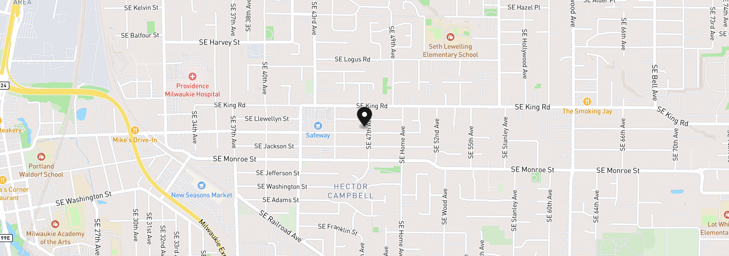 Map showing the location of 10593 SE 47th Ave, Milwaukie, OR 97222