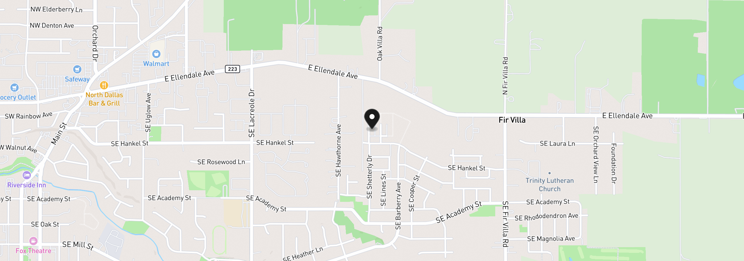 Map showing the location of 360 SE Shetterly Dr, Dallas, OR 97338