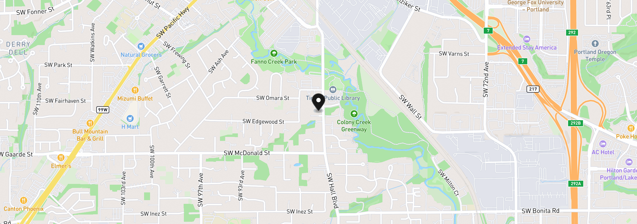 Map showing the location of 13635 SW Hall Blvd, Portland, OR 97223