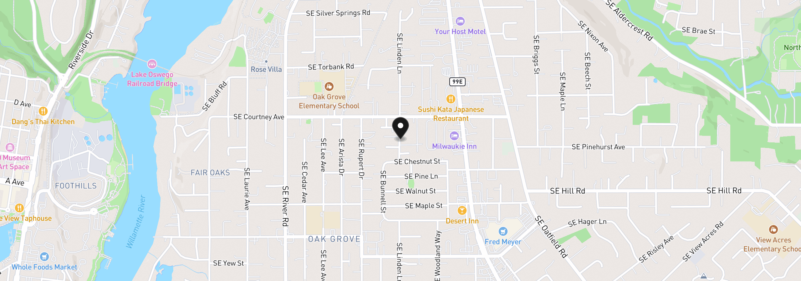 Map showing the location of 14020 SE Linden Ln, Milwaukie, OR 97267