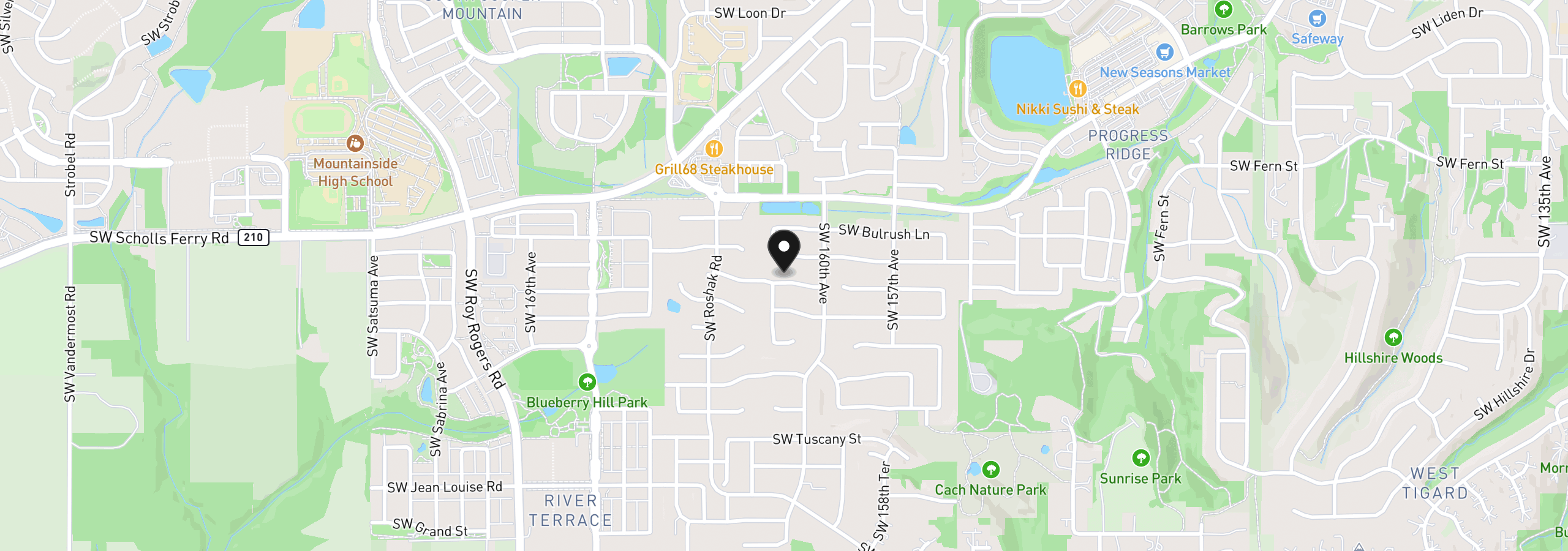 Map showing the location of 16079 SW Dewberry Ln, Tigard, OR 97223