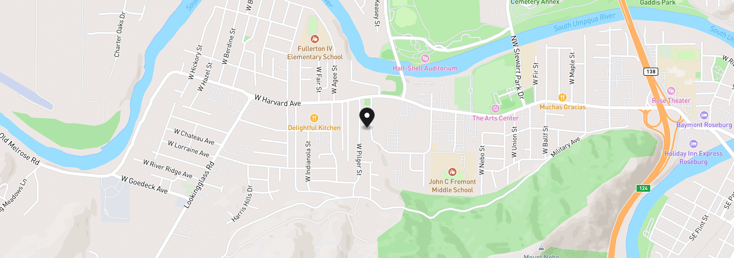 Map showing the location of 750 W Francis St, Roseburg, OR 97471