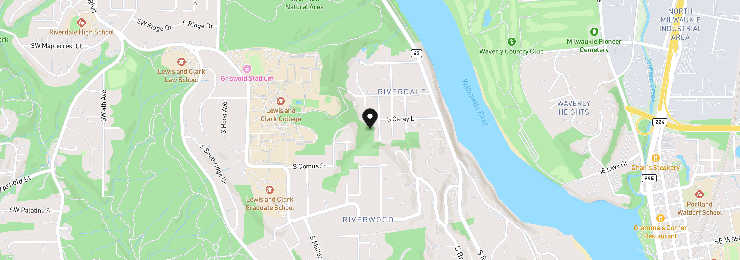 Map showing the location of 1510 S Carey Ln S, Portland, OR 97219
