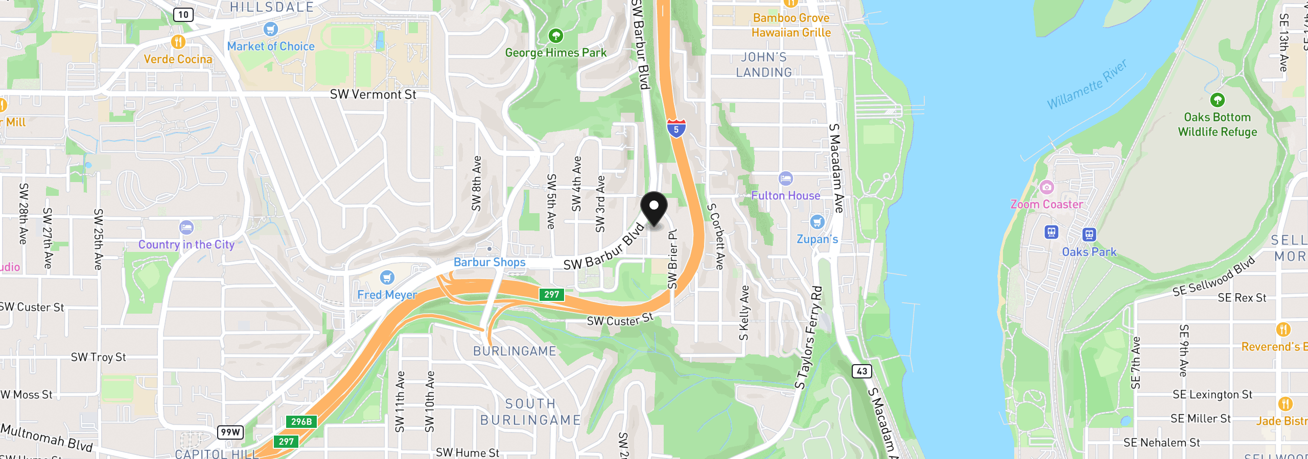 Map showing the location of 7252 SW 1st Ave, Portland, OR 97219
