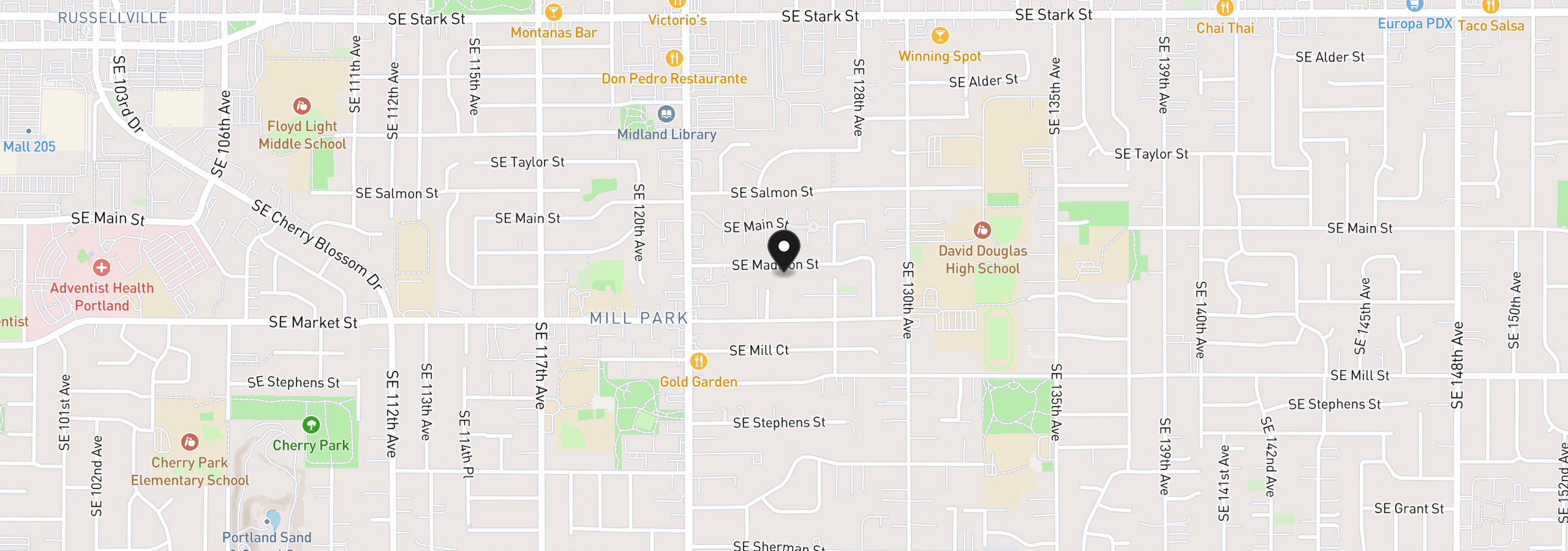 Map showing the location of 12516 SE Madison St, Portland, OR 97233