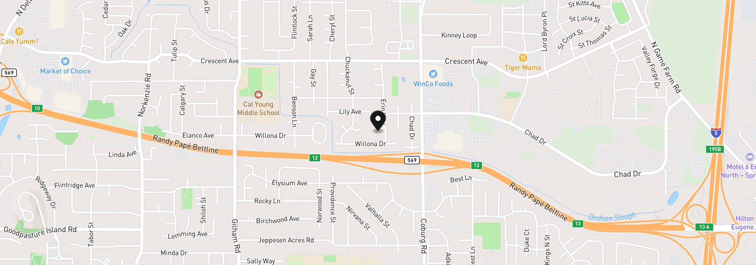 Map showing the location of 2466 Erin Way, Eugene, OR 97408