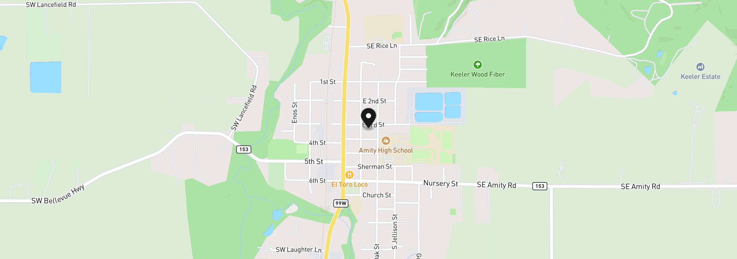 Map showing the location of 205 E 3rd St, Amity, OR 97101