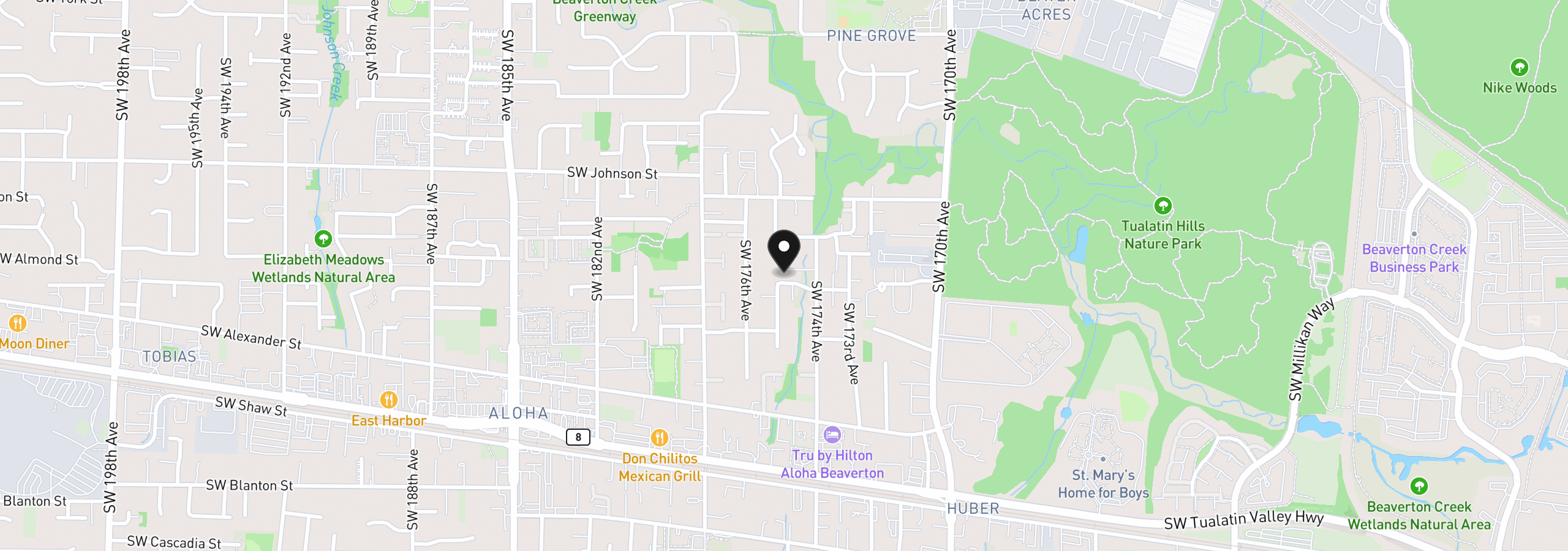 Map showing the location of 17475 SW Eirwen St, Beaverton, OR 97003