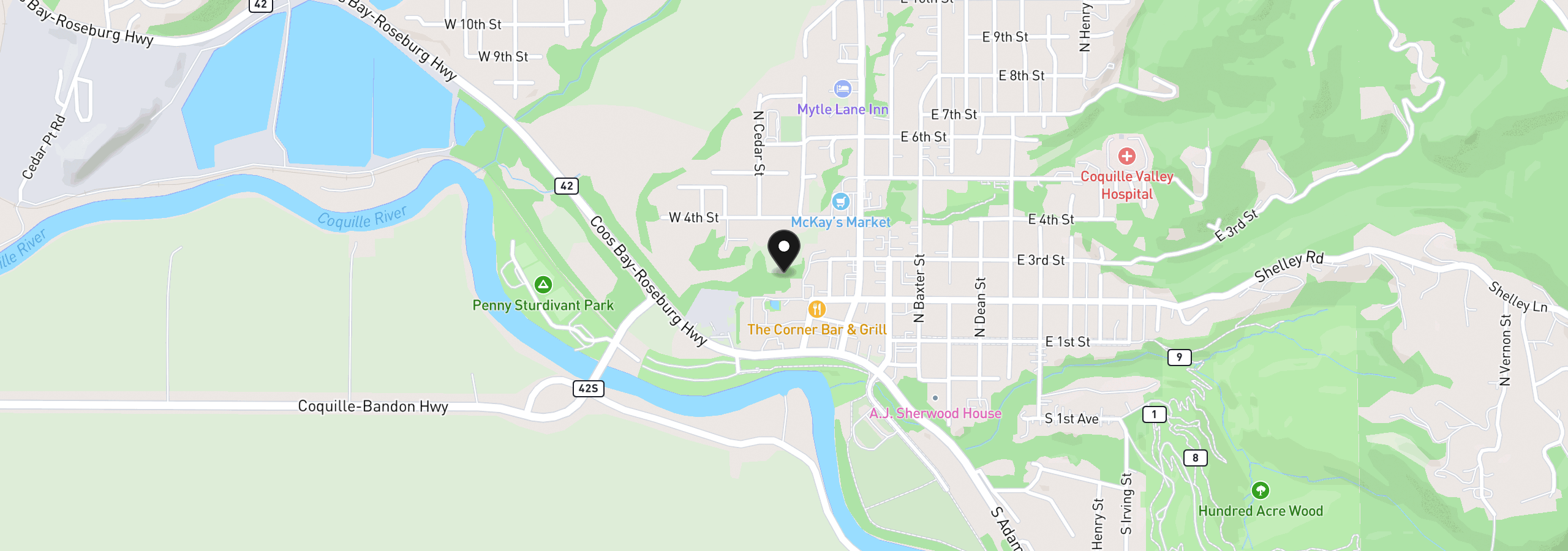 Map showing the location of 203 N Birch St, Coquille, OR 97423