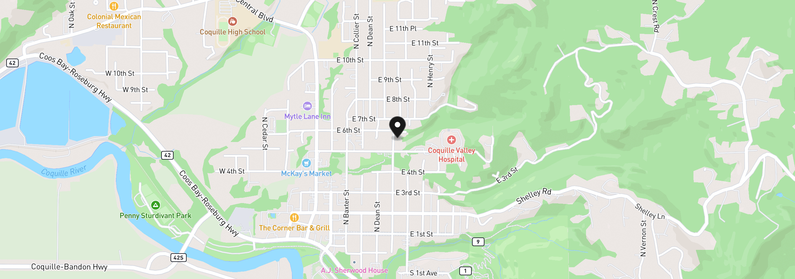 Map showing the location of 558 N Elliott St, Coquille, OR 97423
