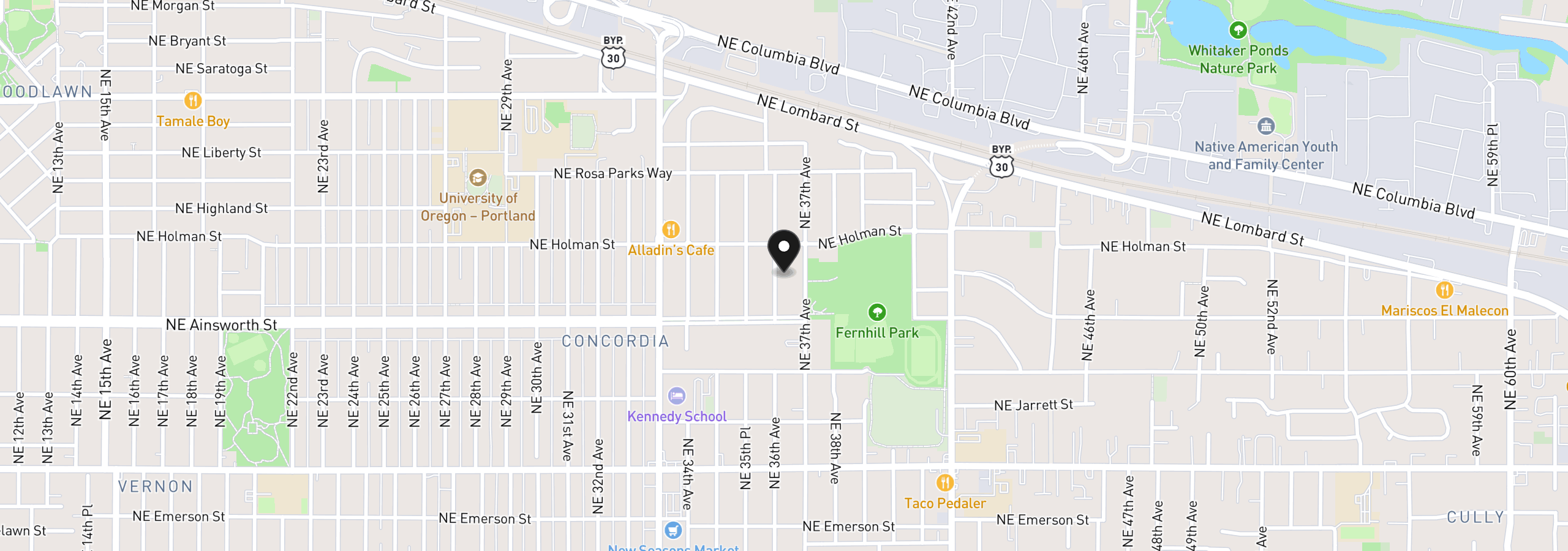 Map showing the location of 6126 NE 36th Ave, Portland, OR 97211