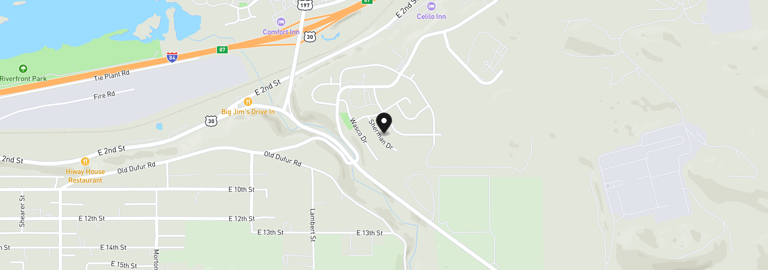 Map showing the location of 632 Sherman Dr, The Dalles, OR 97058
