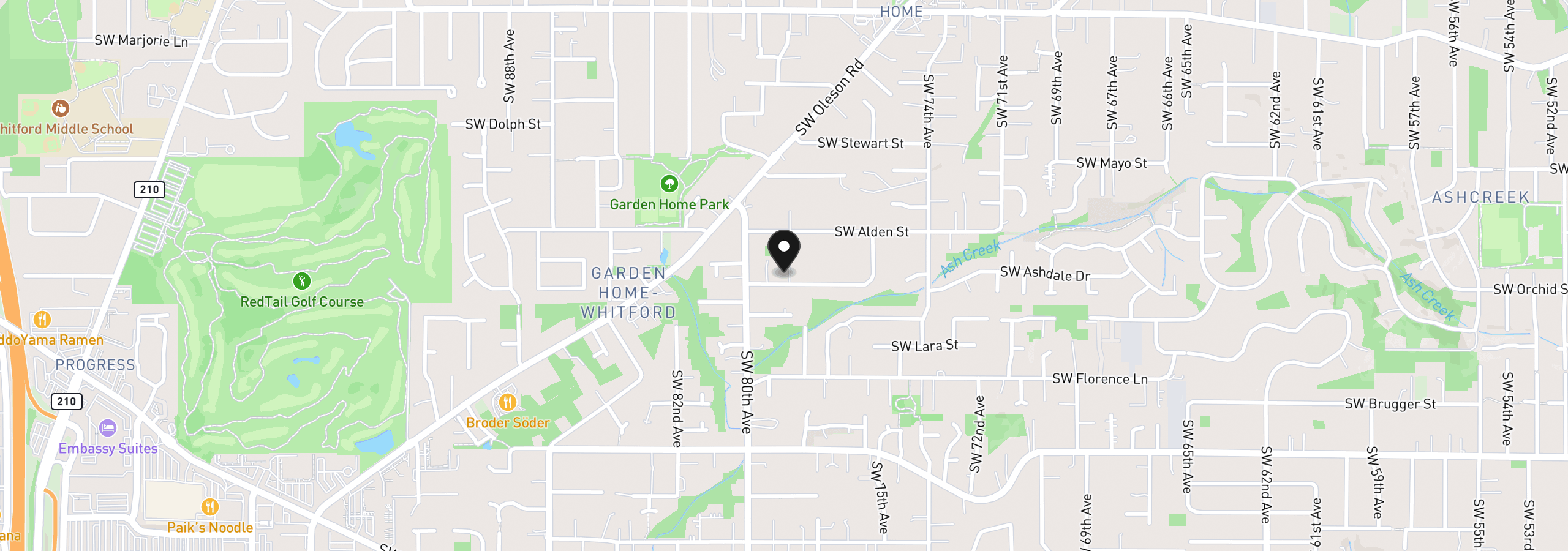 Map showing the location of 7821 SW Greenwood Dr, Portland, OR 97223