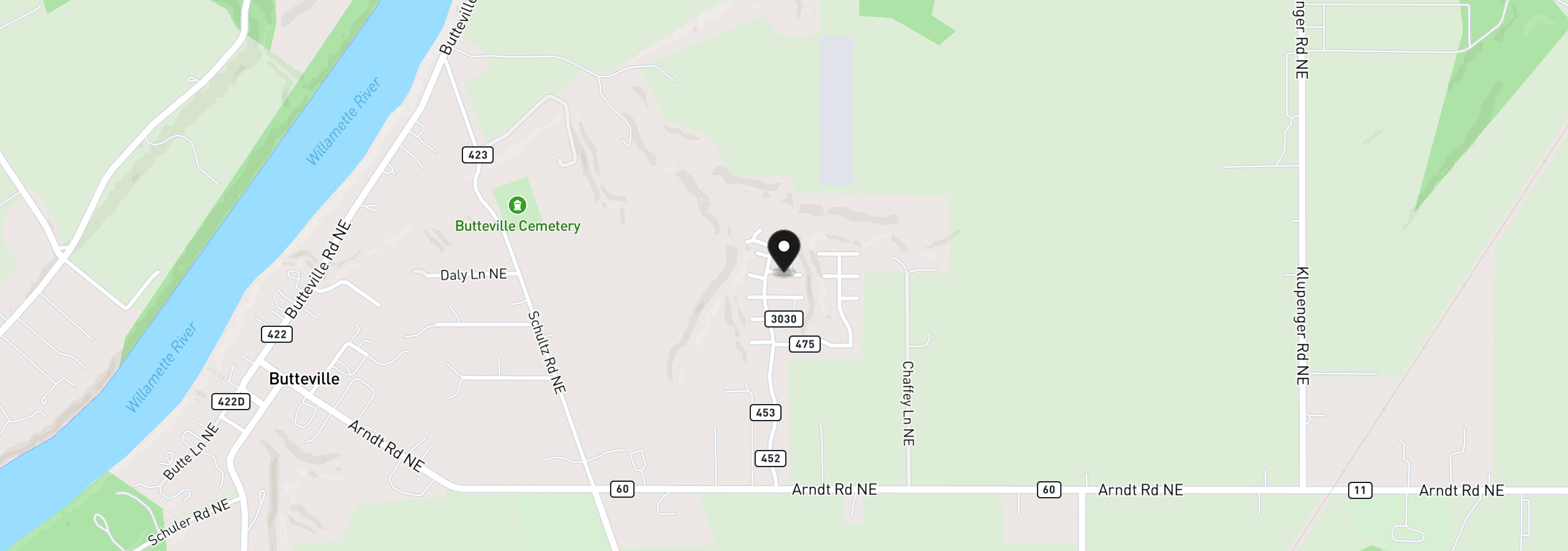 Map showing the location of 11638 Kingfisher Ln NE, Aurora, OR 97002
