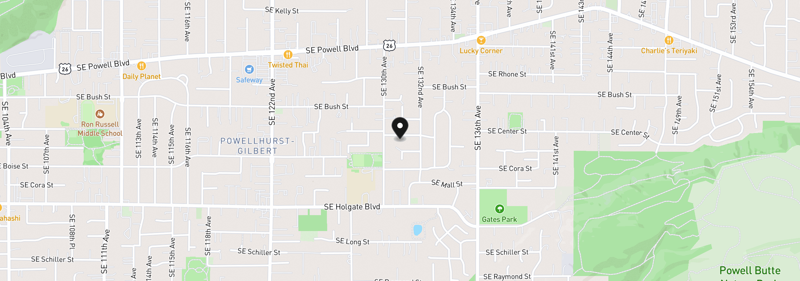 Map showing the location of 13056 SE Center St, Portland, OR 97236