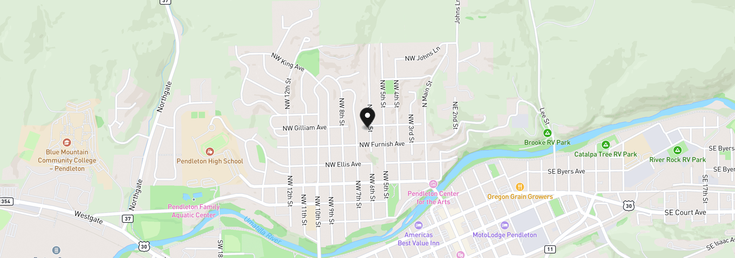 Map showing the location of 523 NW 6th St, Pendleton, OR 97801