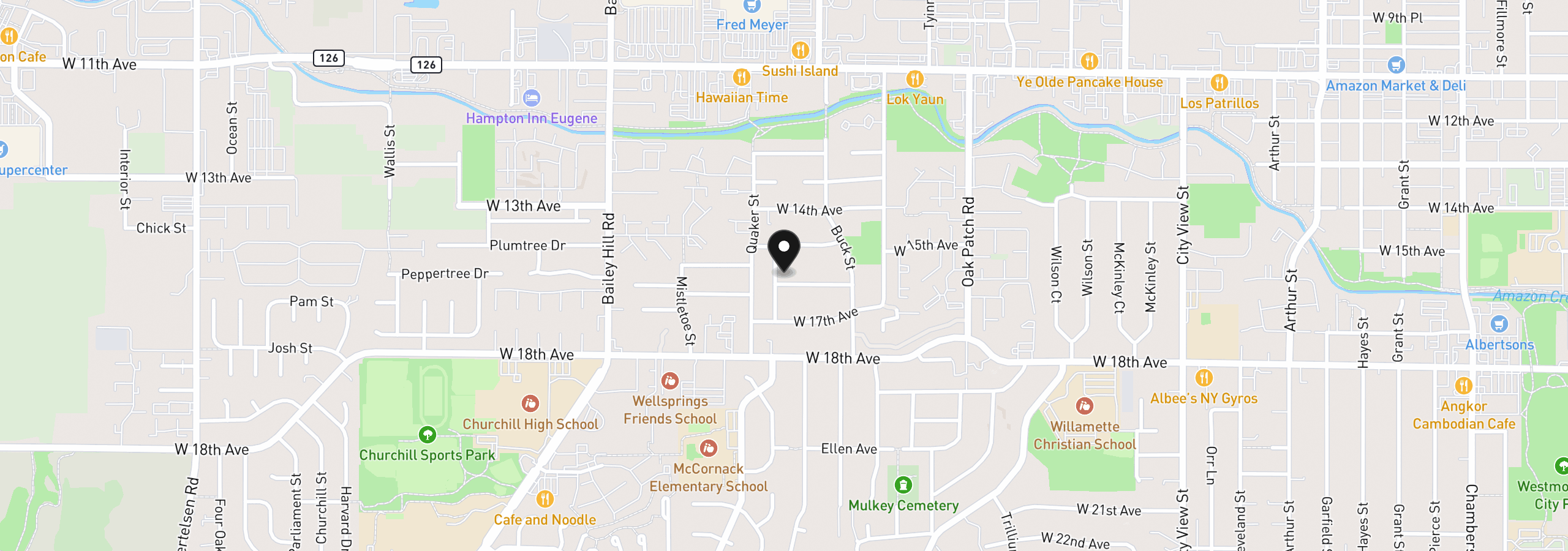 Map showing the location of 3377 W 16th Ave, Eugene, OR 97402