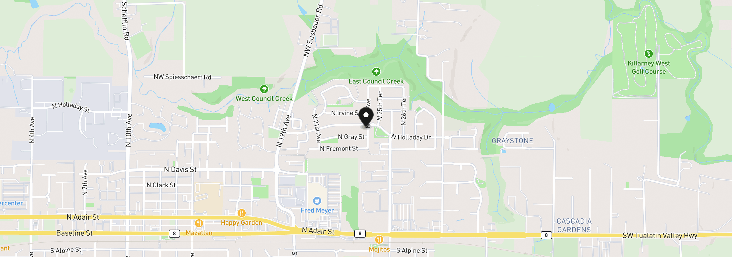 Map showing the location of 2499 N Holladay St, Cornelius, OR 97113