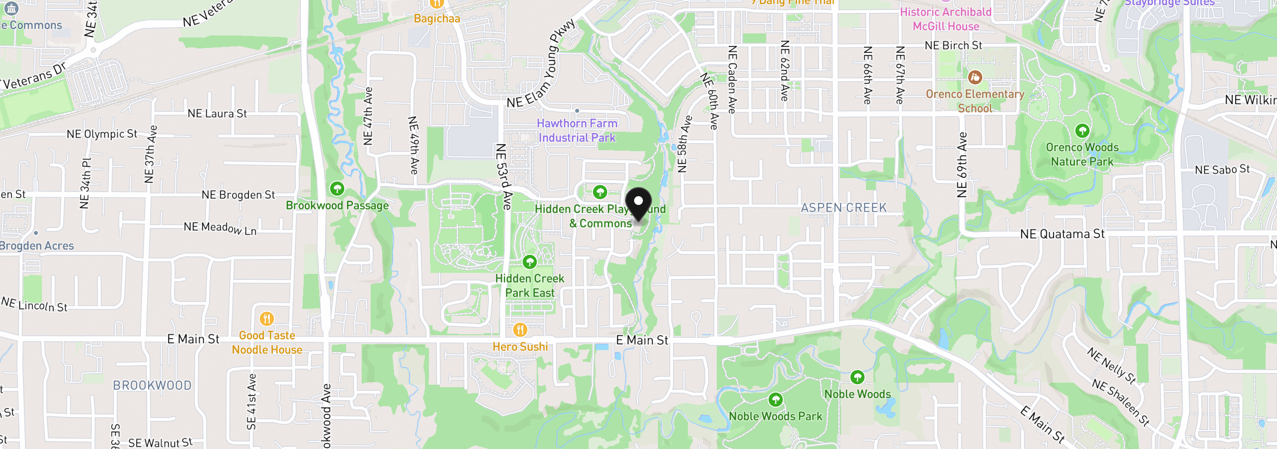 Map showing the location of 5766 NE Damsel Dr, Hillsboro, OR 97124
