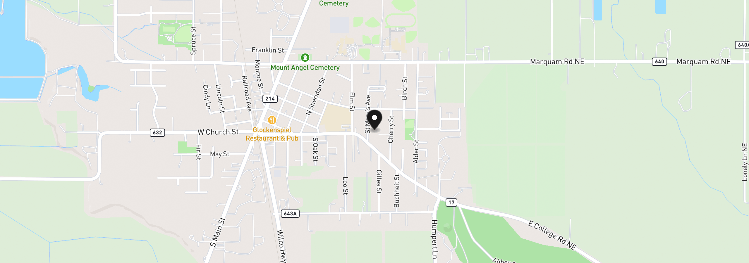 Map showing the location of 135 St Marys Ave, Mt. Angel, OR 97362