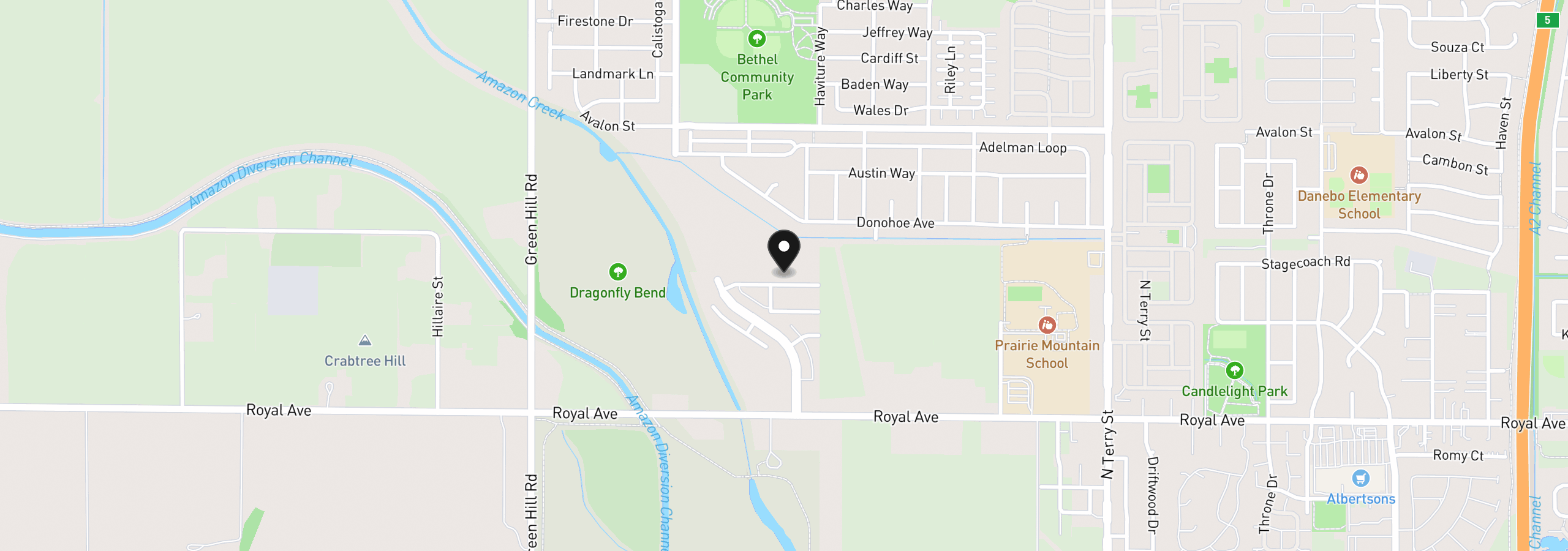 Map showing the location of 5773 Bainbridge St, Eugene, OR 97402