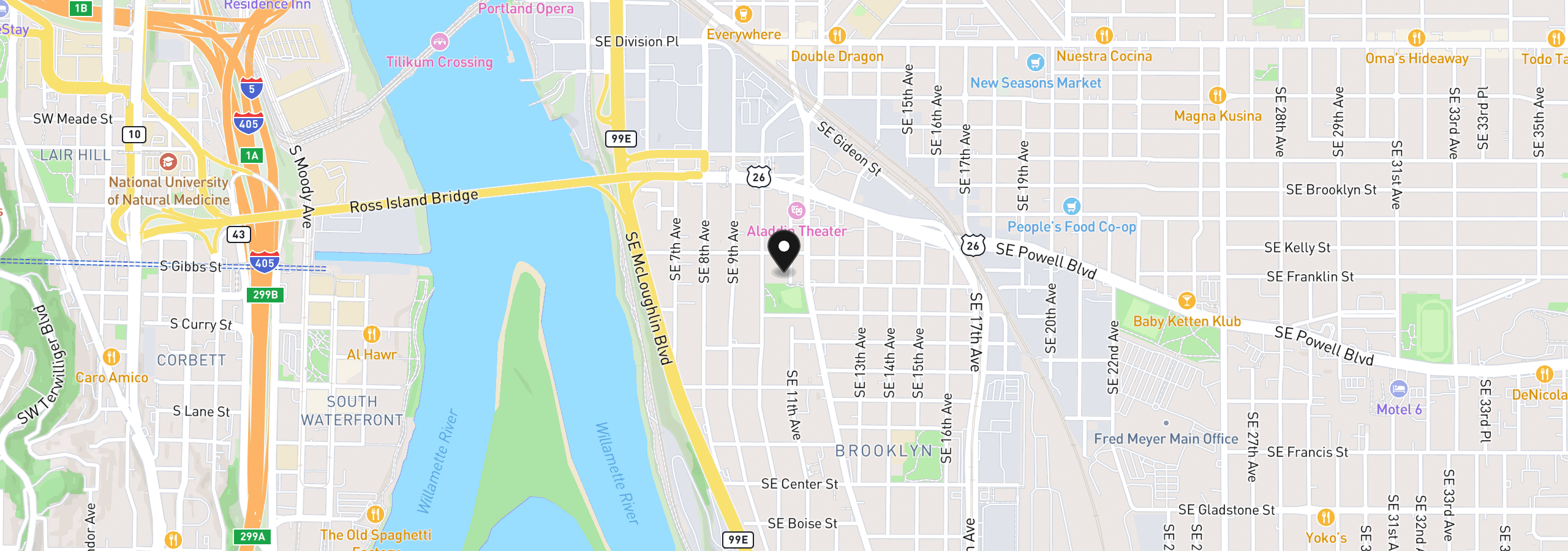 Map showing the location of 3333 SE 11th Ave SE, Portland, OR 97202
