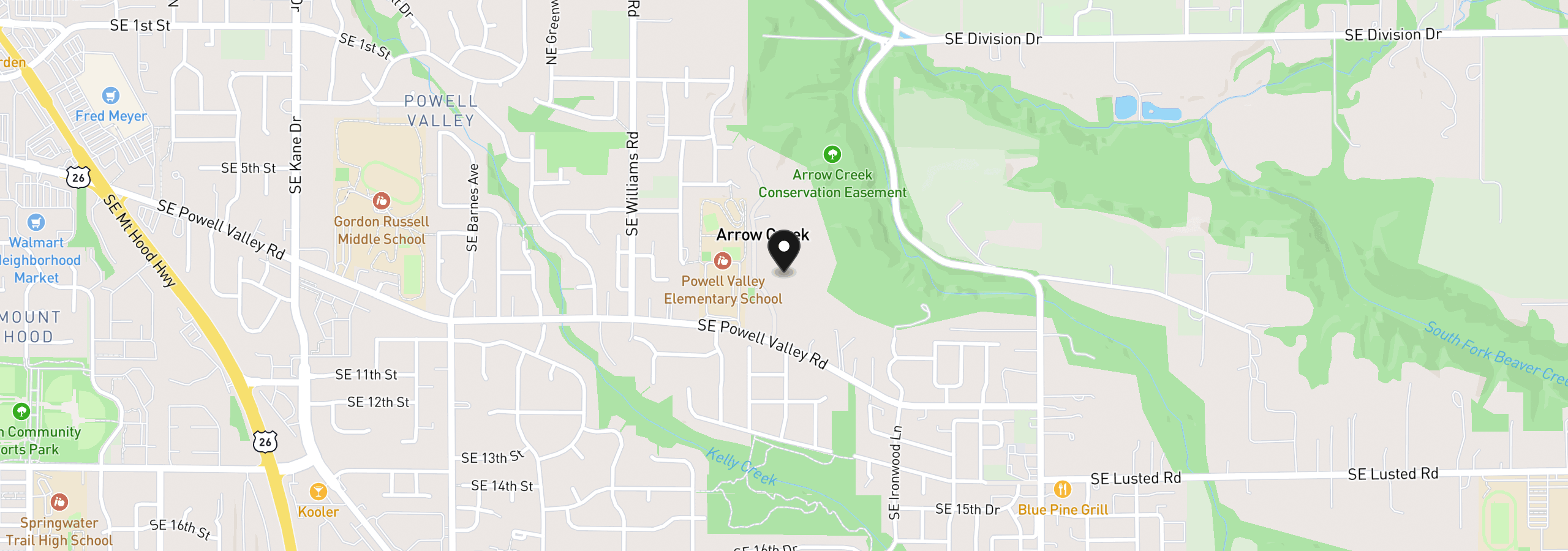 Map showing the location of 750 SE Arrow Creek Ln, Gresham, OR 97080
