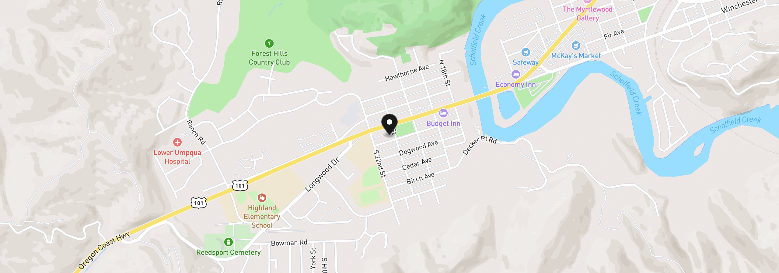 Map showing the location of 2125 Elm Ave, Reedsport, OR 97467