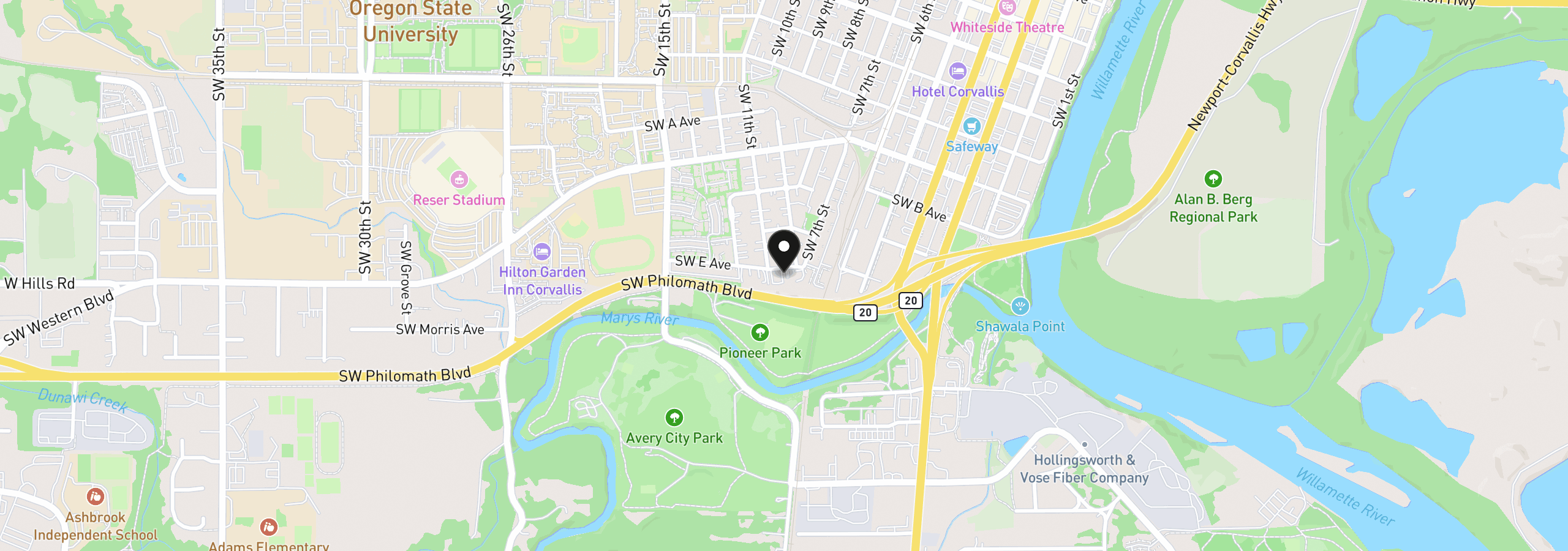 Map showing the location of 1020 SW E Ave, Corvallis, OR 97333