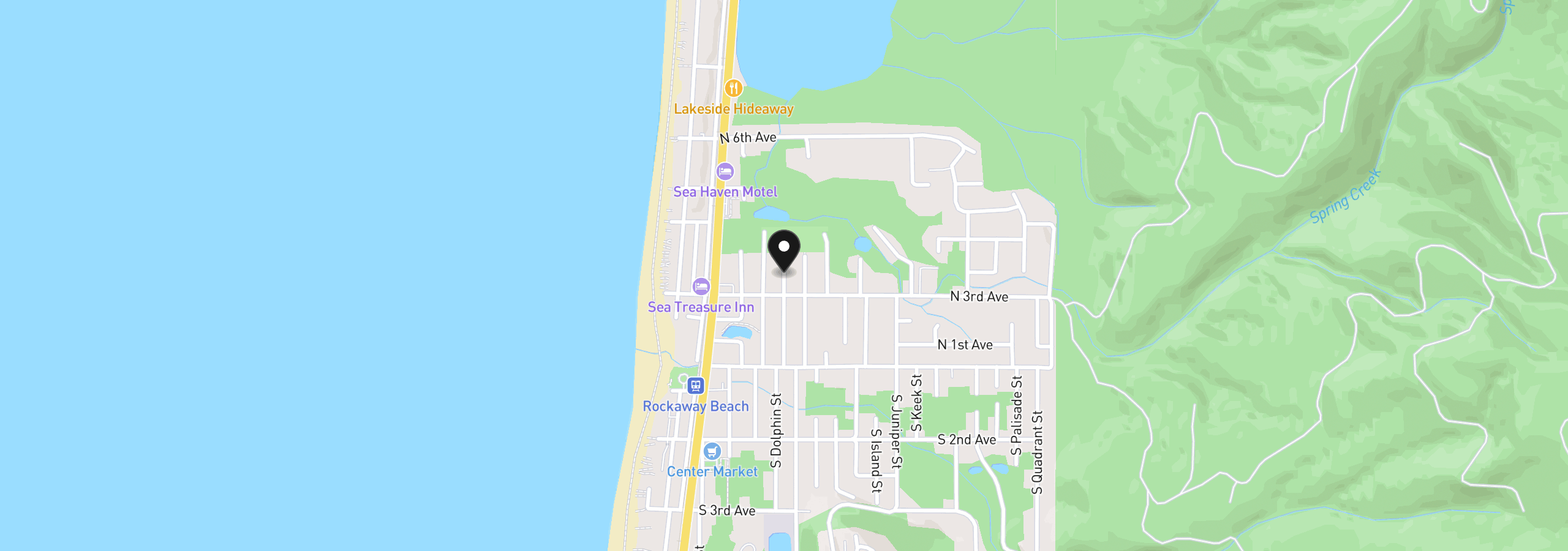 Map showing the location of N Dolphin St, Rockaway Beach, OR 97136