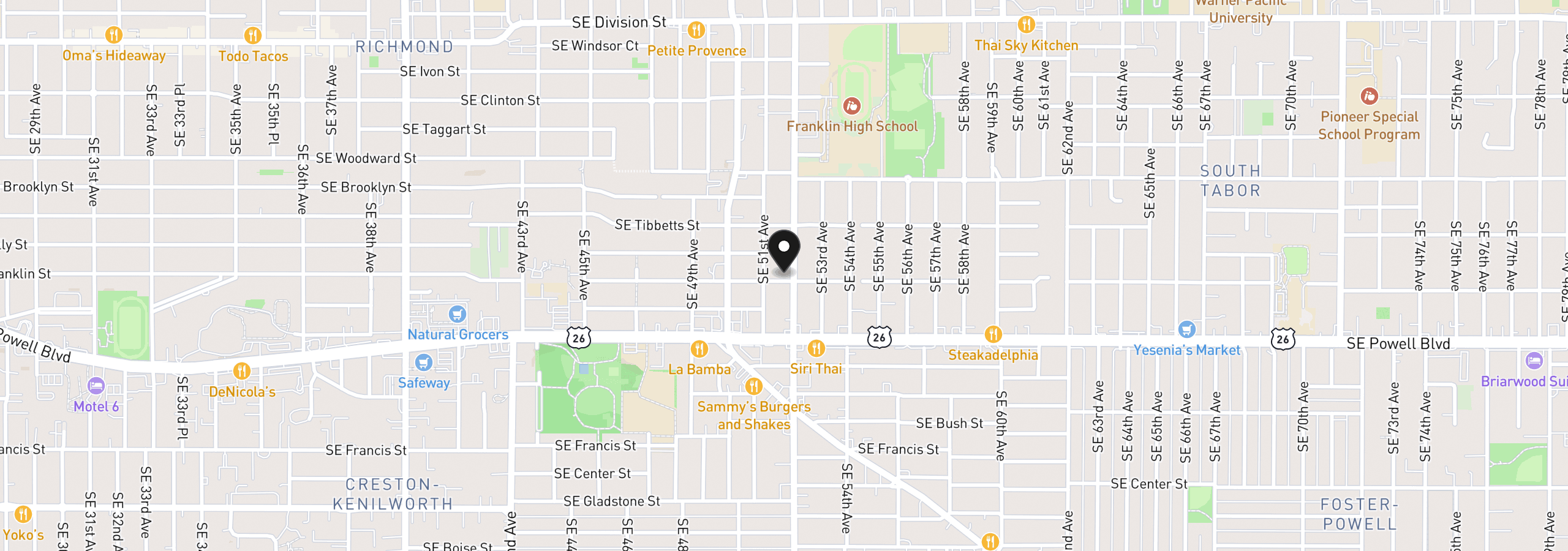 Map showing the location of 3235 SE 52nd Ave, Portland, OR 97206