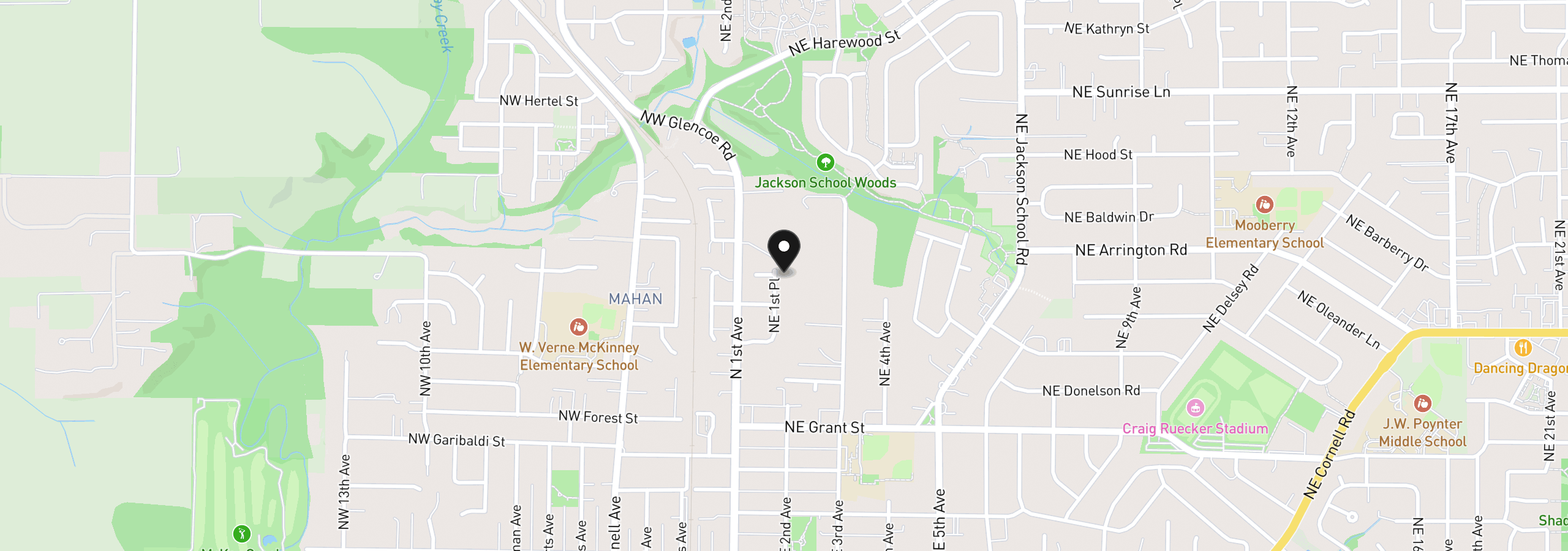 Map showing the location of 1010 NE 1st Pl, Hillsboro, OR 97124