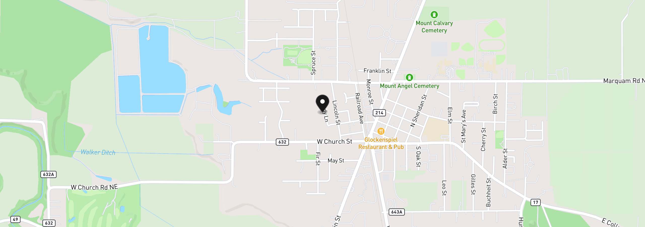 Map showing the location of 350 Cindy Ln NW, Mt. Angel, OR 97362