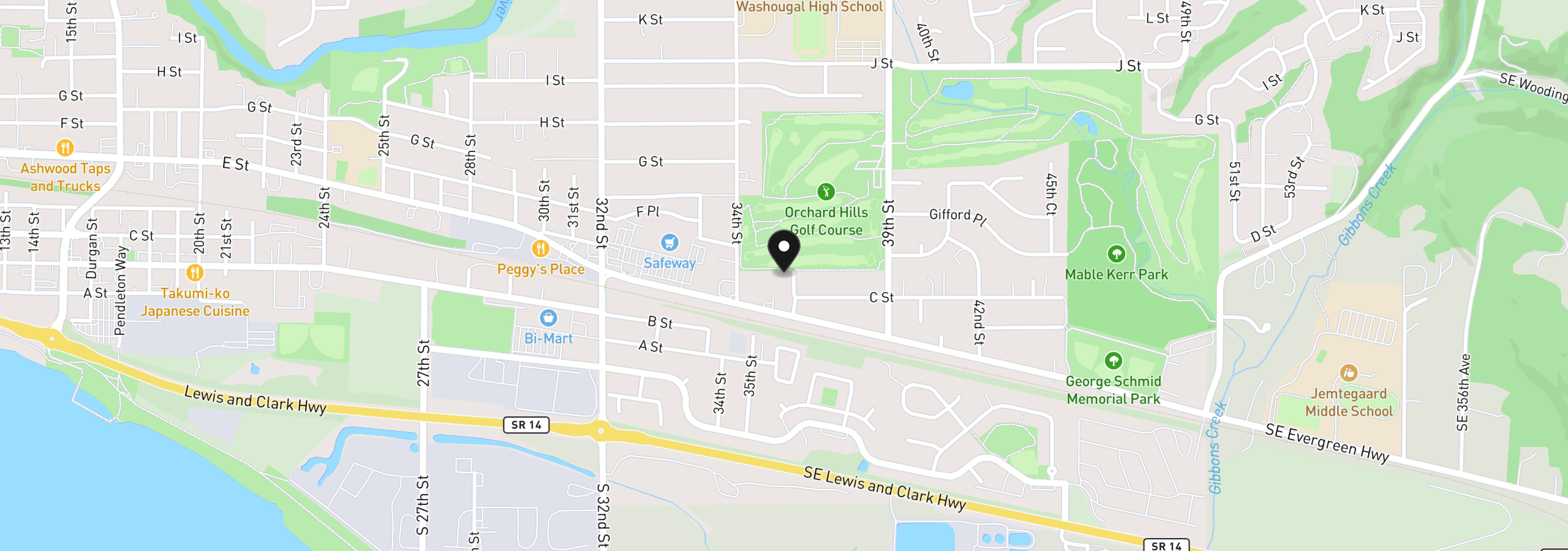 Map showing the location of 327 36th St, Washougal, Wa 98671