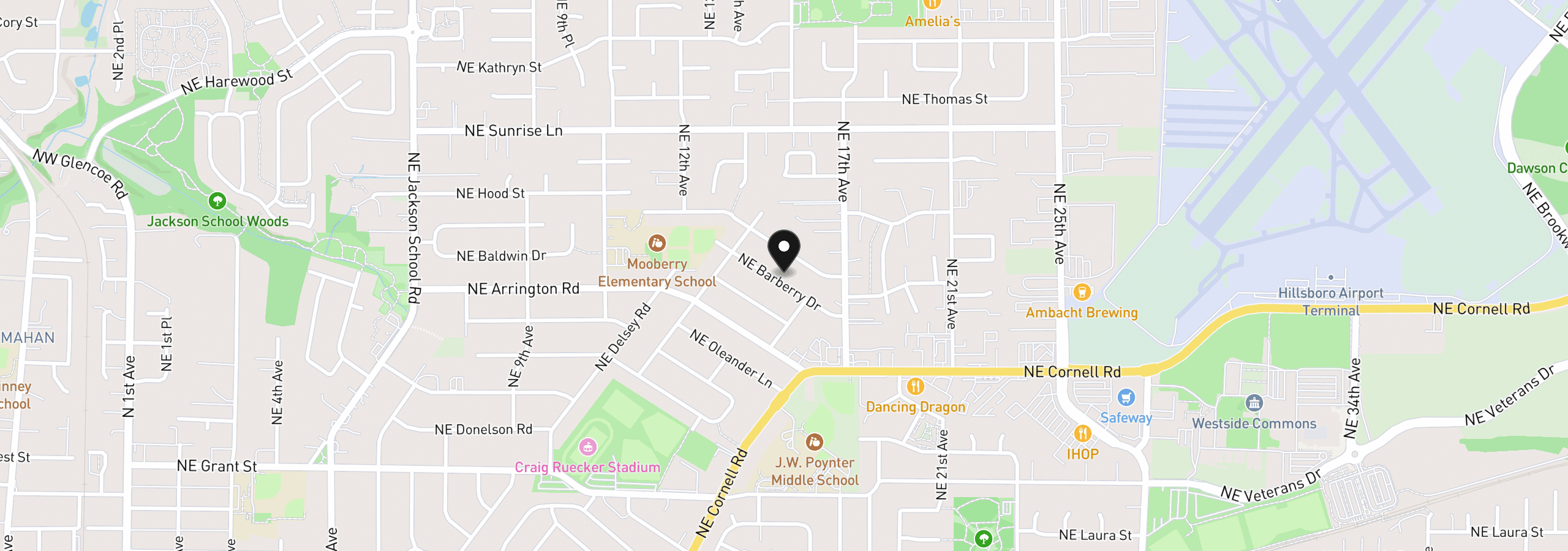 Map showing the location of 1573 NE Barberry Dr, Hillsboro, OR 97124