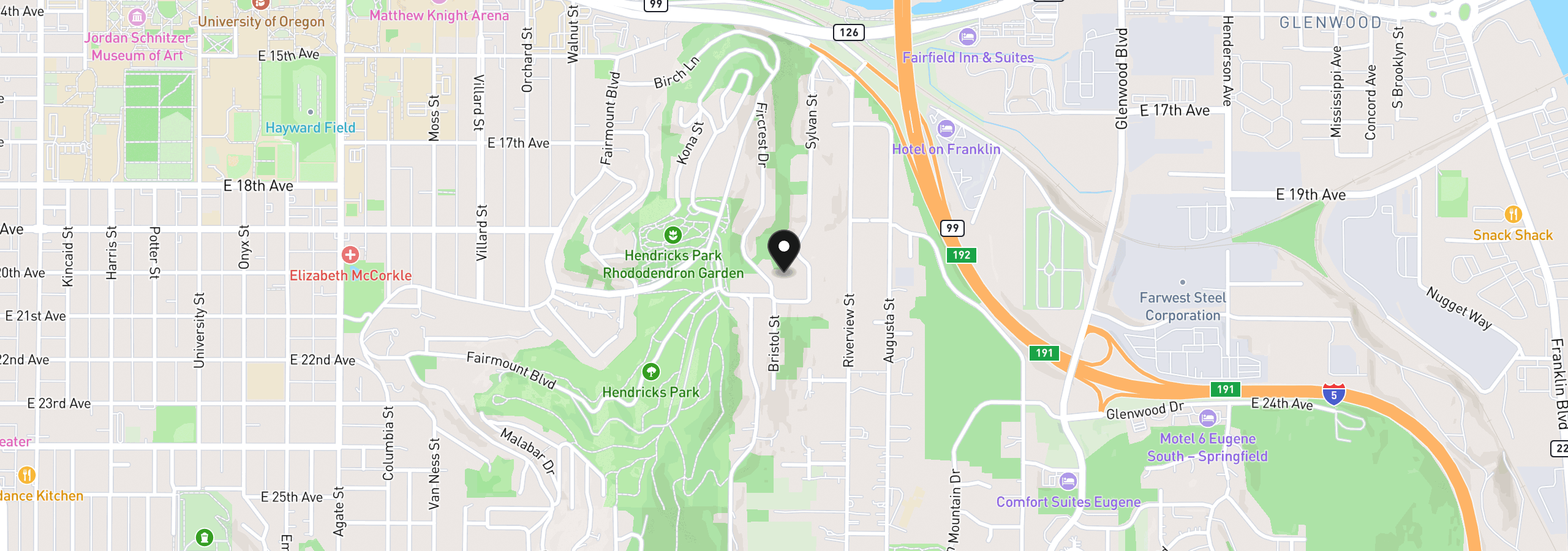 Map showing the location of 1993 Fircrest Dr, Eugene, OR 97403