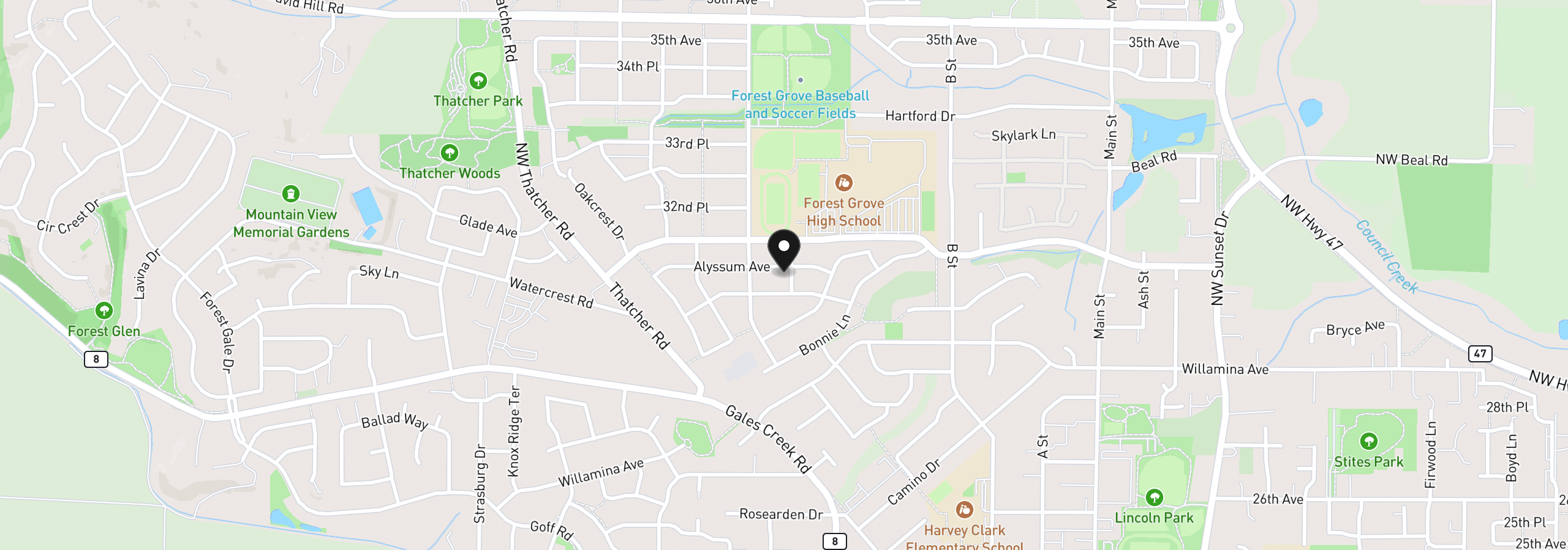 Map showing the location of 1424 Alyssum Ave, Forest Grove, OR 97116