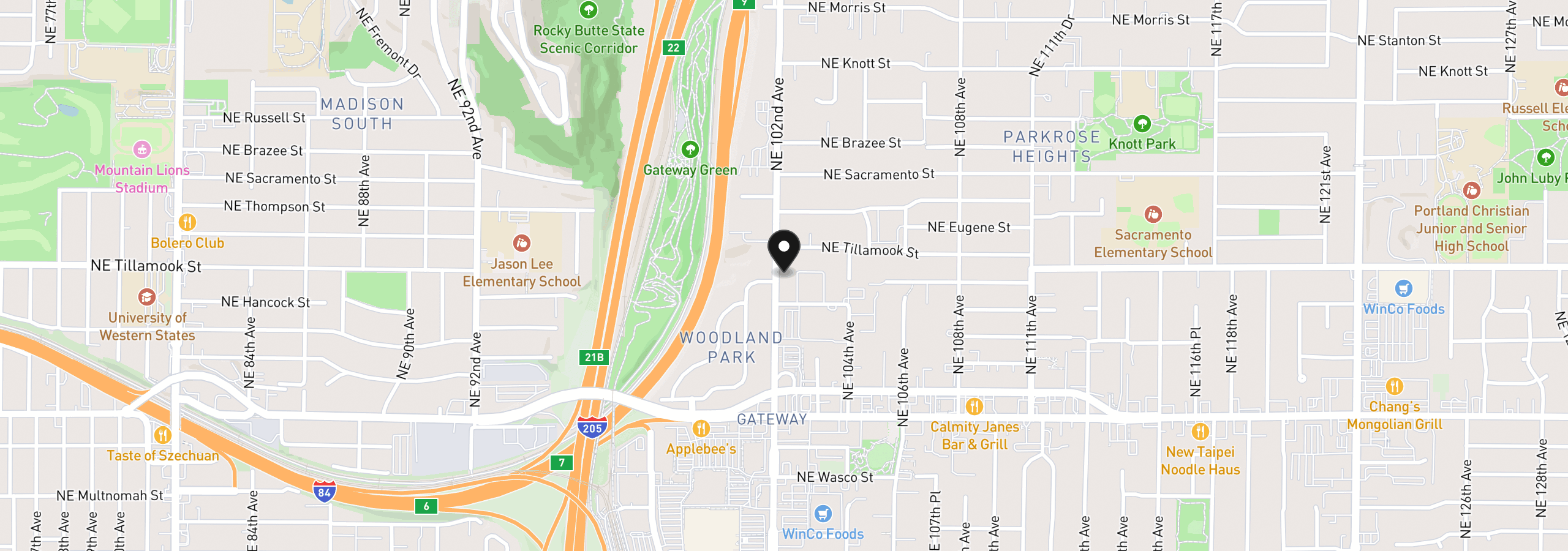 Map showing the location of 2020 NE 102nd Ave, Portland, OR 97220