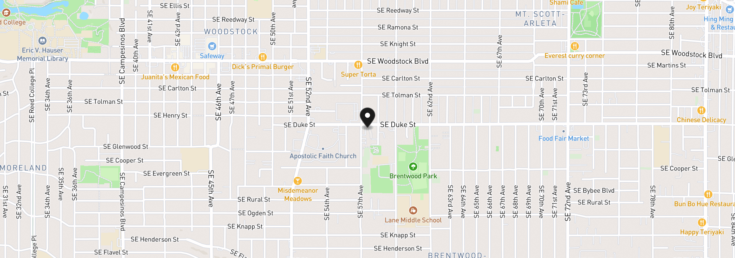 Map showing the location of 5720 SE Duke St, Portland, OR 97206