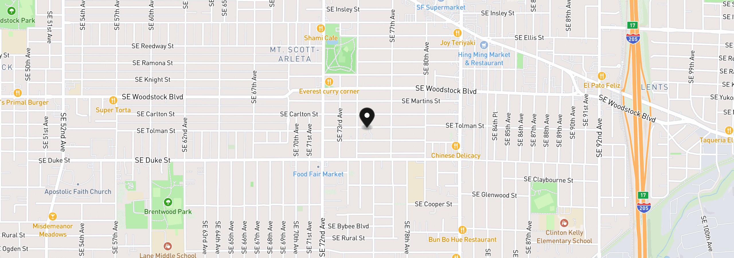 Map showing the location of 7464 SE Tolman St, Portland, OR 97206