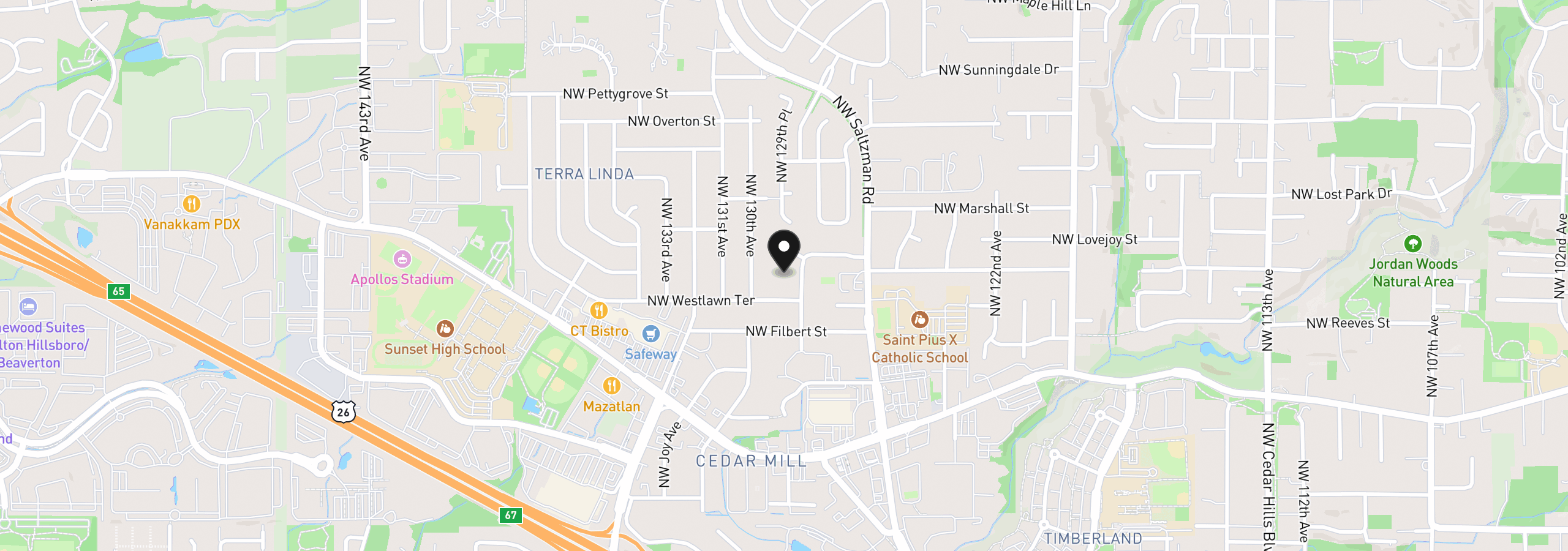 Map showing the location of 1335 NW 128th Ave Lot 1, Portland, OR 97229