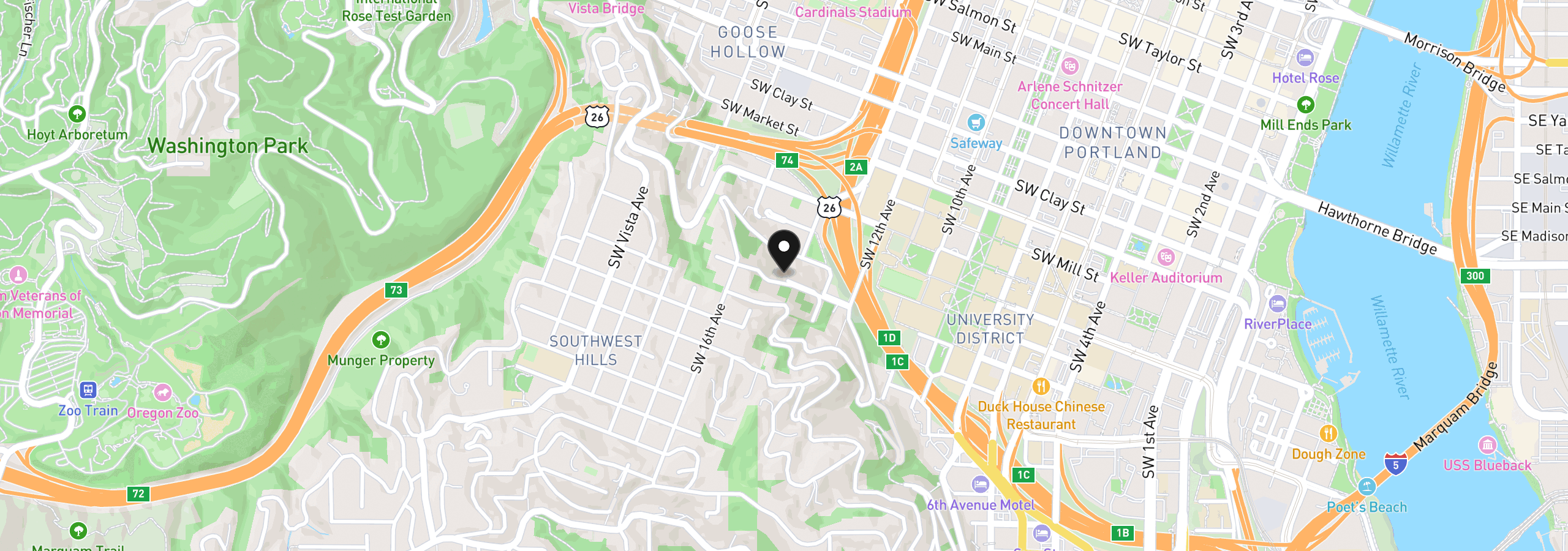 Map showing the location of 1931 SW 14th Ave 3, Portland, OR 97201