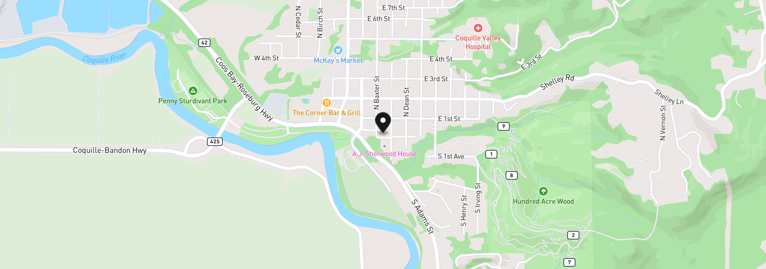 Map showing the location of 246 E Main St, Coquille, OR 97423