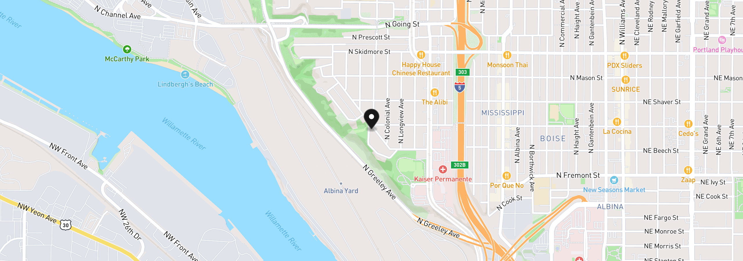 Map showing the location of 3860 N Melrose Dr, Portland, OR 97227