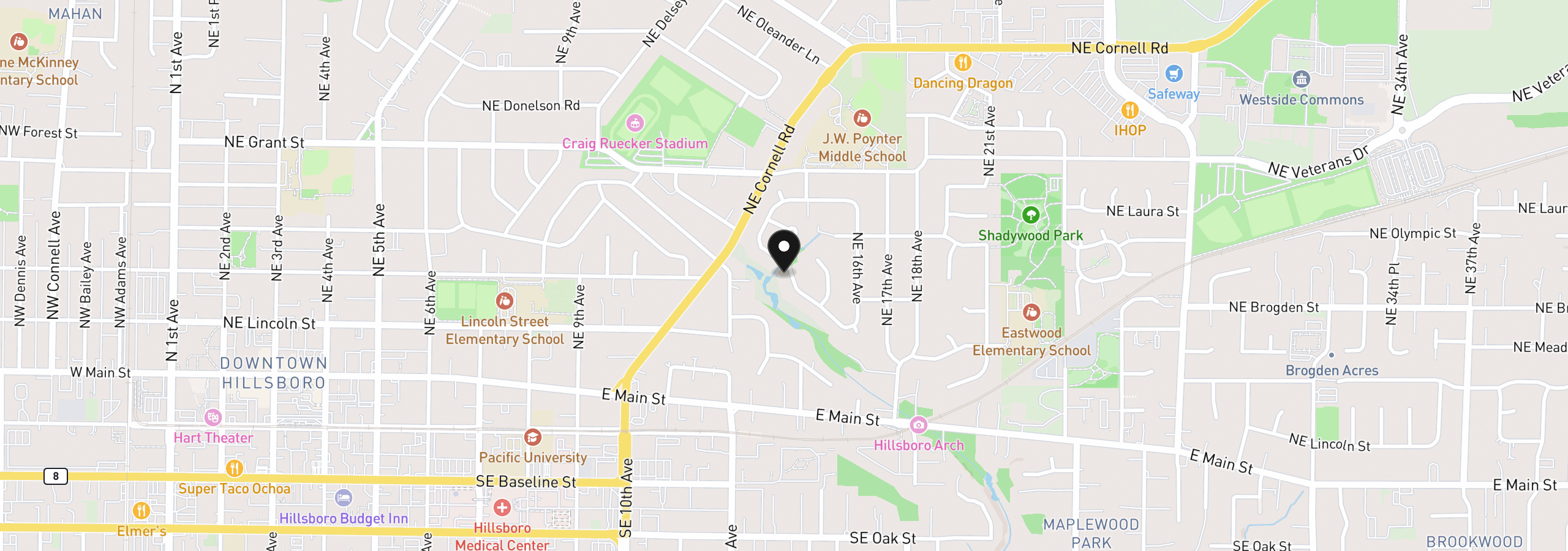 Map showing the location of 335 NE Hillwood Dr, Hillsboro, OR 97124