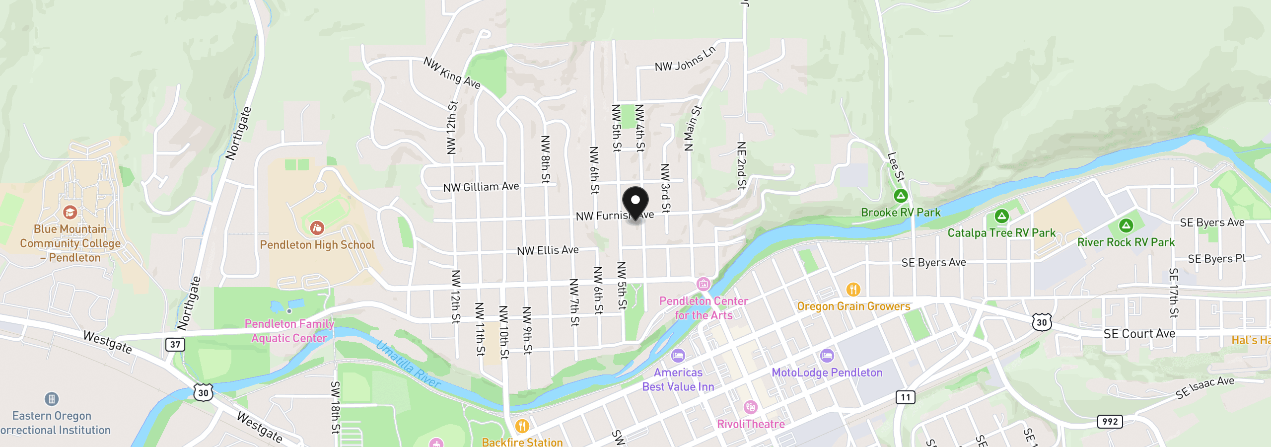 Map showing the location of 417 NW 4th St, Pendleton, OR 97801