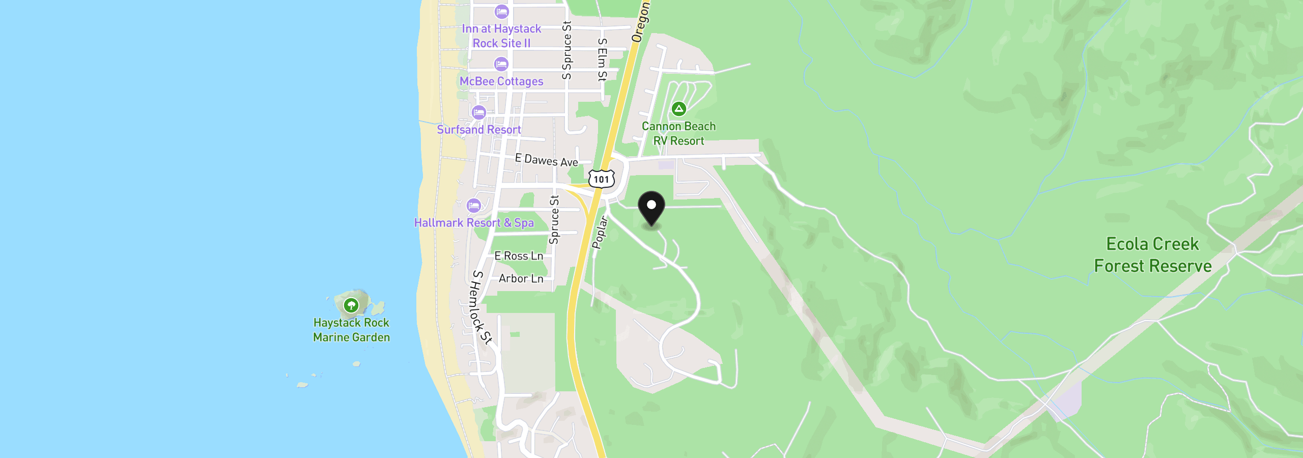 Map showing the location of 384 Sunset Blvd, Cannon Beach, OR 97110