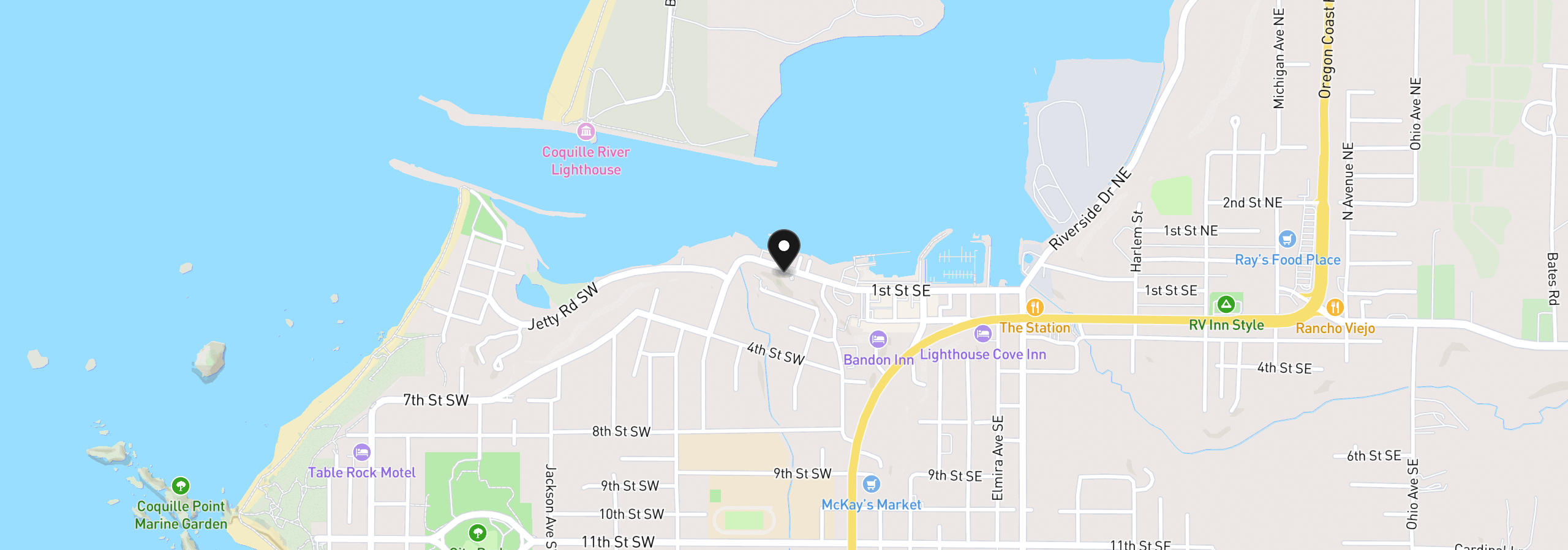 Map showing the location of 325 1st St SW, Bandon, OR 97411