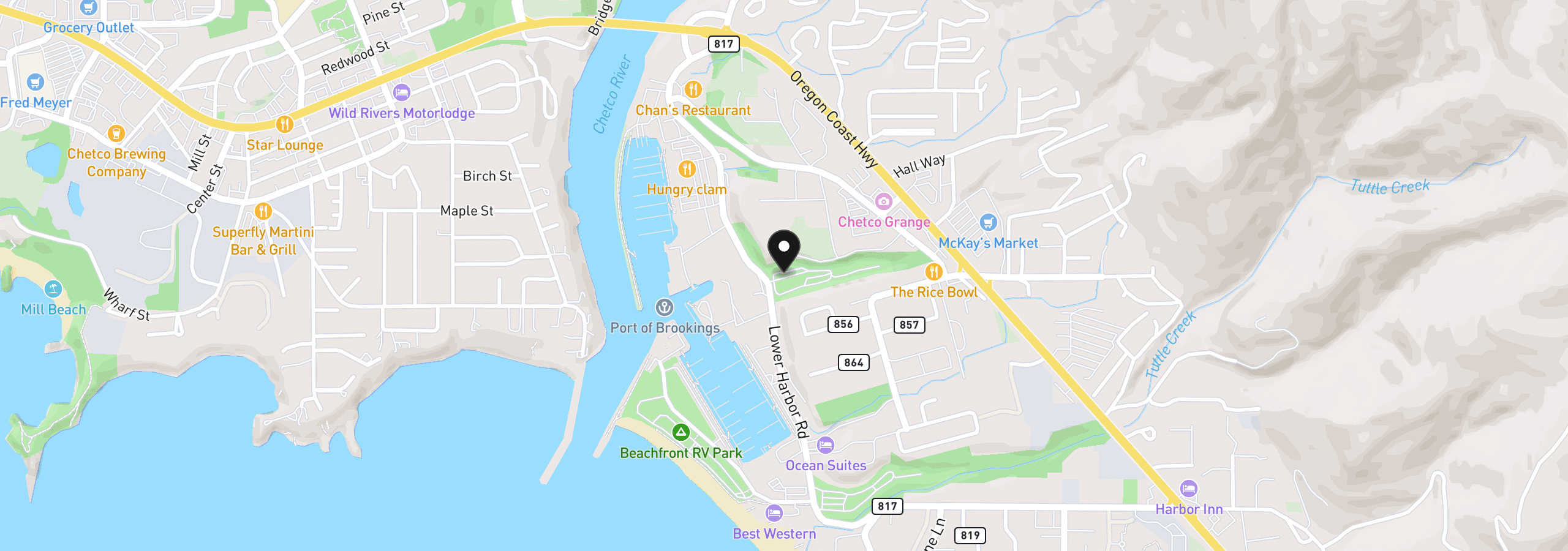 Map showing the location of 16219 Lower Harbor Rd 18, Brookings, OR 97415