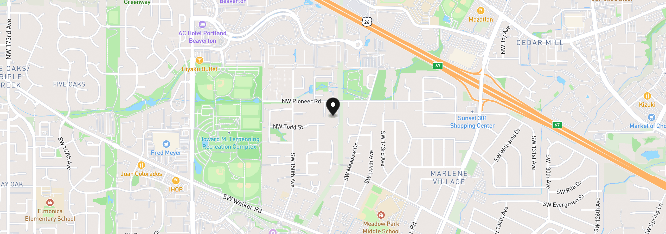 Map showing the location of 14660 NW Pioneer Rd, Beaverton, OR 97006